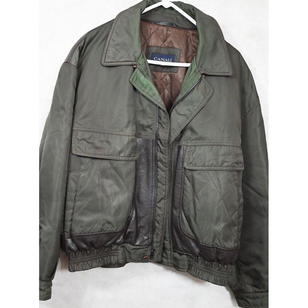 Canali Full Zip Leather Trim Quilted Bomber Jacket Coat Dark Green Poly 50